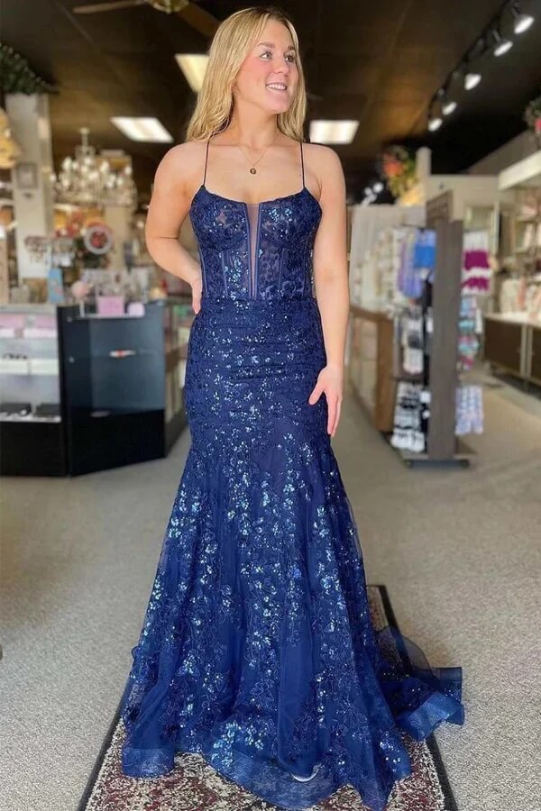 Navy Blue Mermaid V-neck Lace Prom Dress, MP979 | Musebridals Navy Blue Mermaid V-neck Lace Prom Dress, MP979 | Musebridals