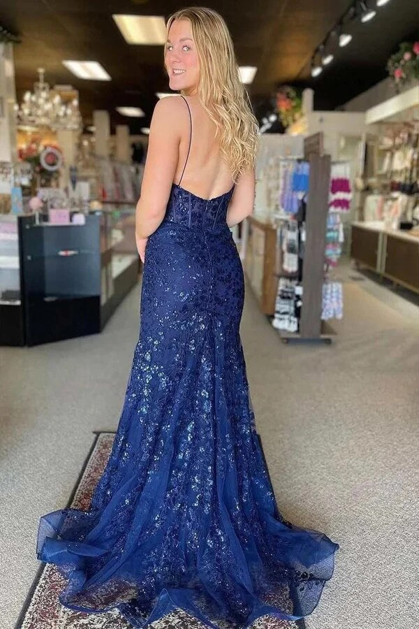 Navy Blue Mermaid Spaghetti Straps V-neck Lace Appliques Prom Dress, MP979 Navy Blue Mermaid Spaghetti Straps V-neck Lace Appliques Prom Dress, MP979