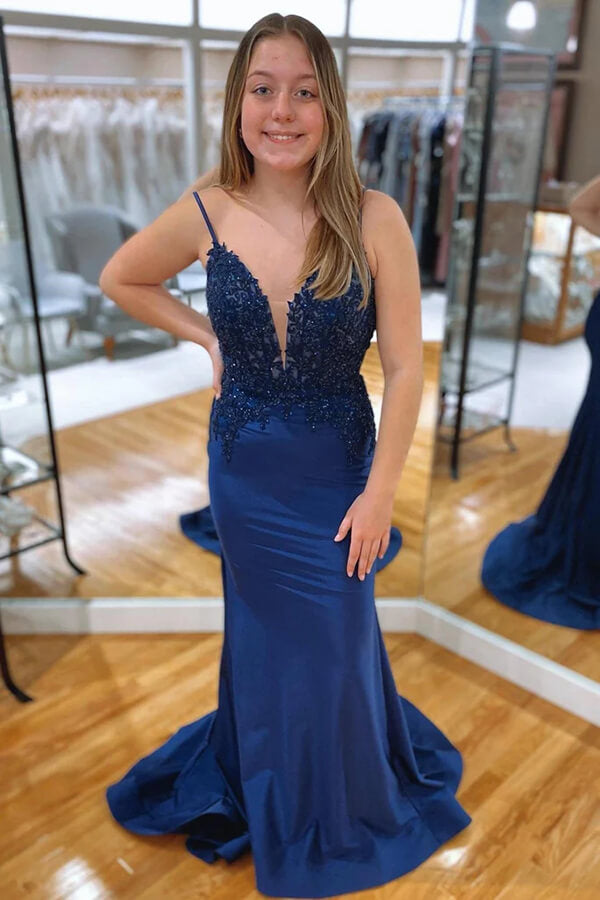 Navy Blue Satin Mermaid V Neck Rhinestone Prom Dresses Evening Dress MP943