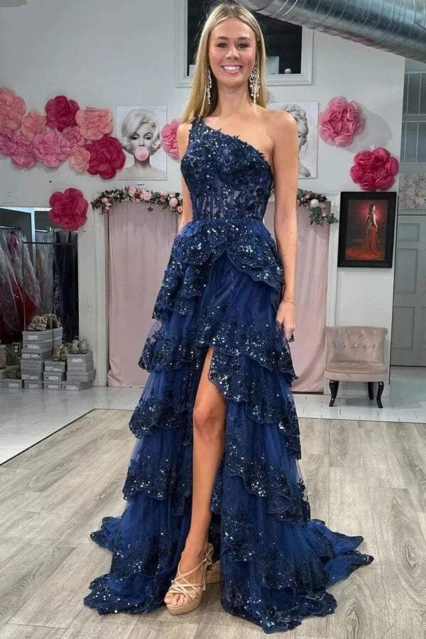 Navy Blue Sequins One-Shoulder Prom Dresses With Slit, Evening Dress, MP941
