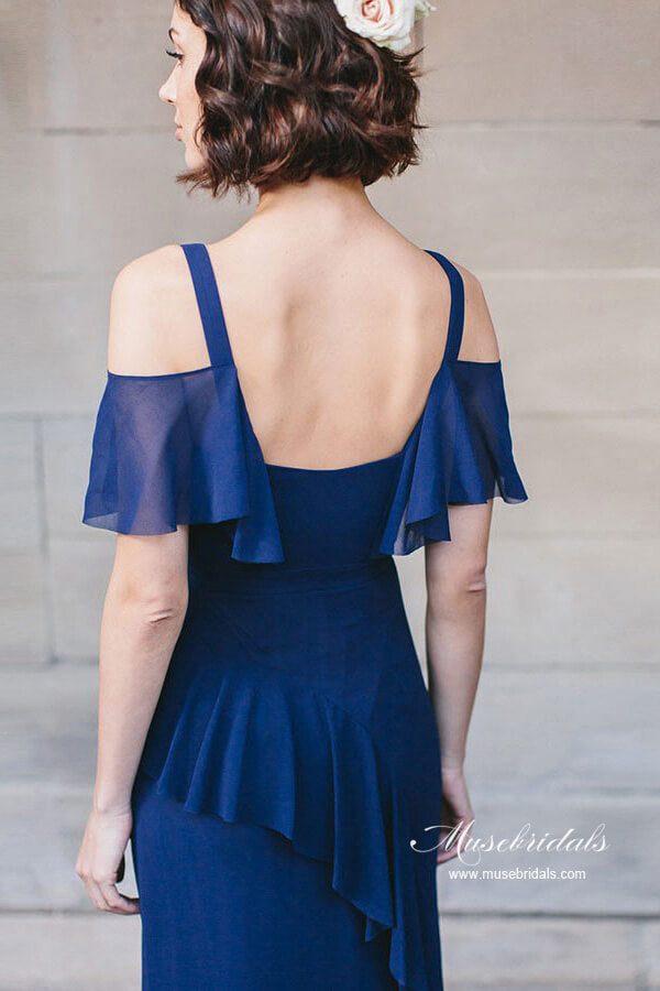 Navy Chiffon A-line V-neck Bridesmaid Dresses, MBD232