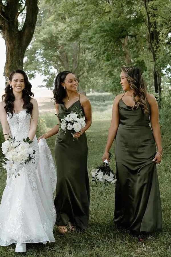 Olive Satin Sheath Cowl Neck Spaghetti Straps Long Bridesmaid Dresses,  MBD286