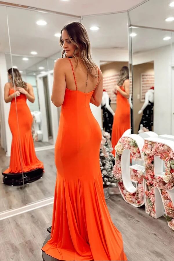 Orange Stretchy Satin Mermaid Spaghetti Straps Prom Dresses With Train, MP963 | new arrival prom dress | prom dress shops | prom dresses near me | musebridals.com