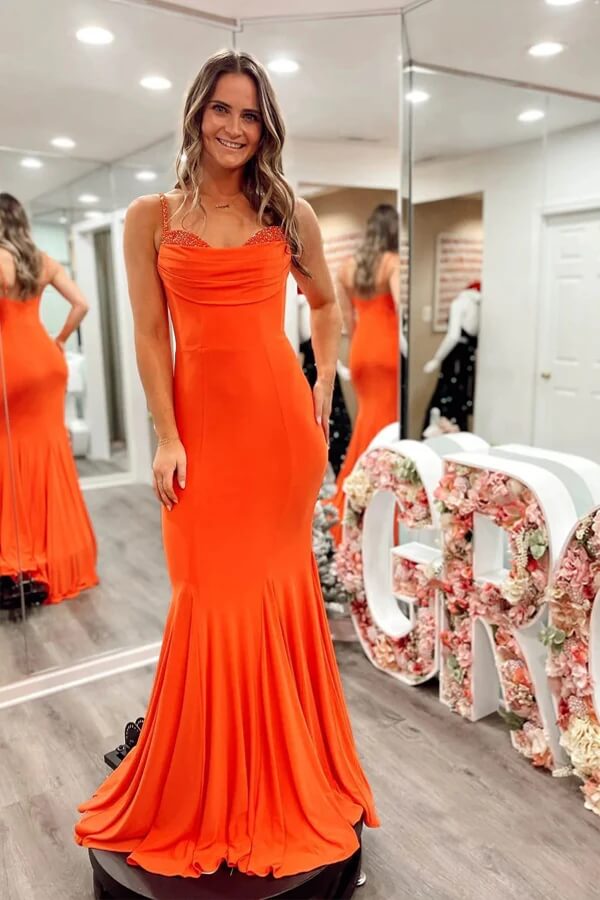 cheap orange dress Orange Satin Cheap Prom Dresses 2024 Off the Shoulder Spaghetti Strap 24267