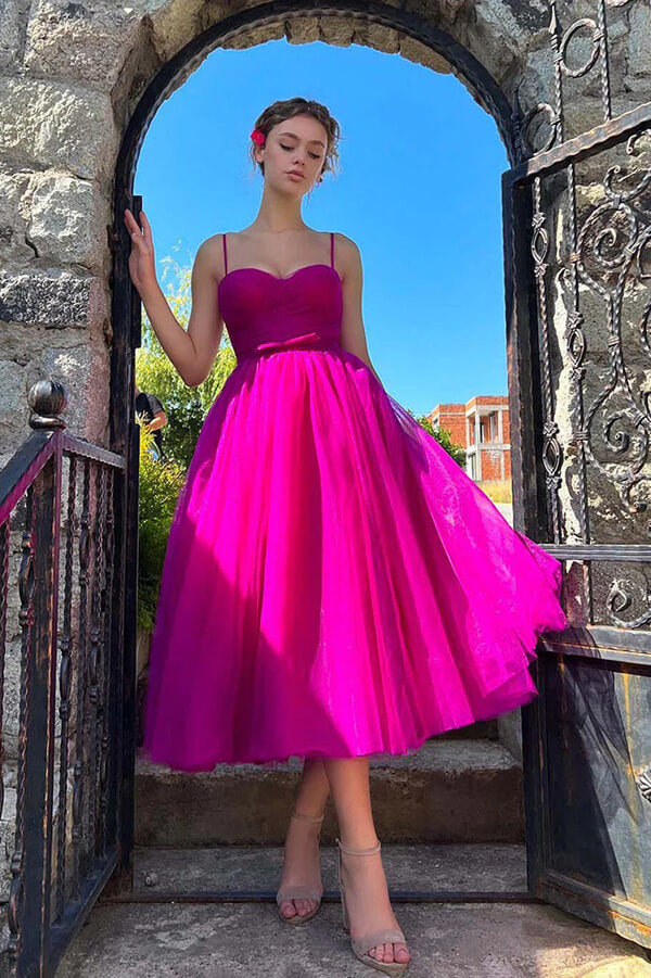 Organza A-line Sweetheart Pleated Tea Length Homecoming Dresses, MH633 | sweet 16 dress | school event dress | short party dress | musebridals.com