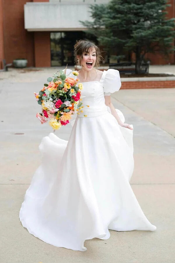 Organza A Line Puff Sleeves Square Neck Corset Vintage Wedding Dresses, MW1191