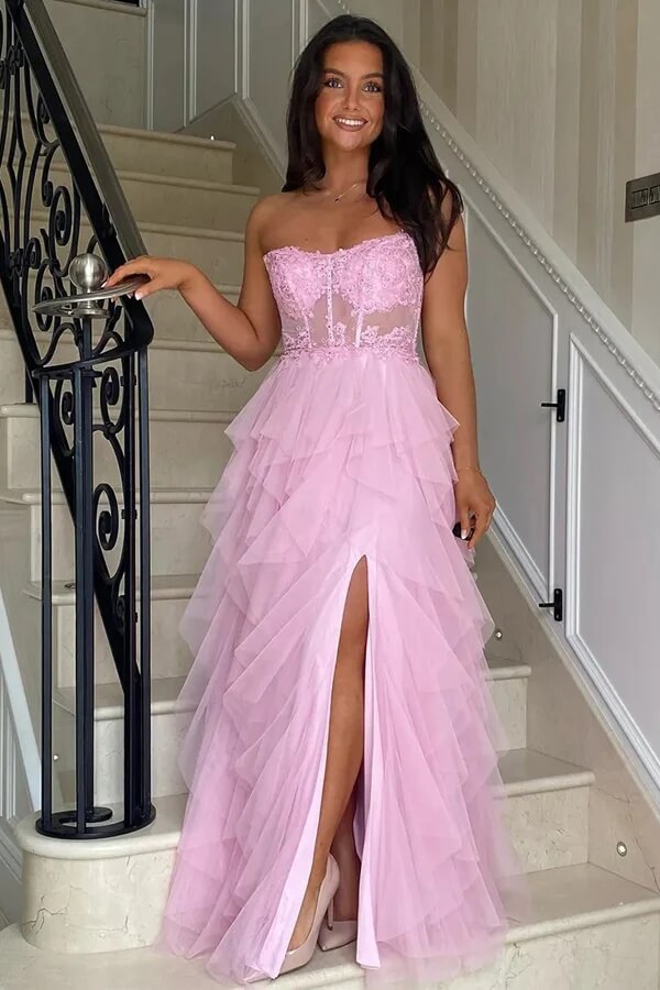 Pink A-Line Ruffles Lace Appliques Corset Long Prom Dresses With Slit, MP976 Pink A-Line Ruffles Lace Appliques Corset Long Prom Dresses With Slit, MP976