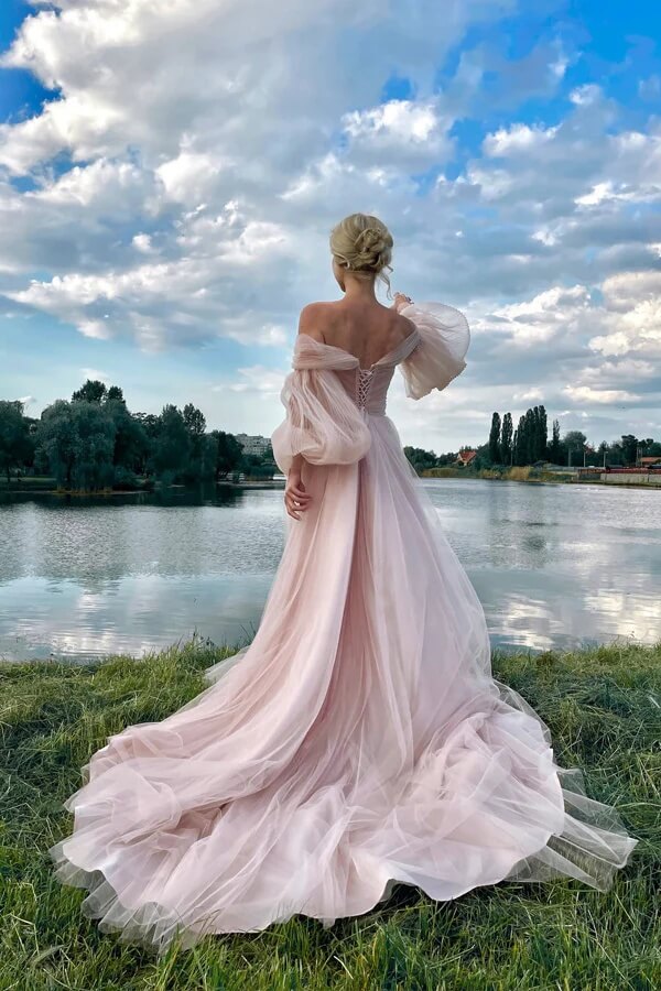 open lace back dress Pink A Line Princess Off-the-Shoulder Puff Sleeves Long Prom Dresses, MP1025