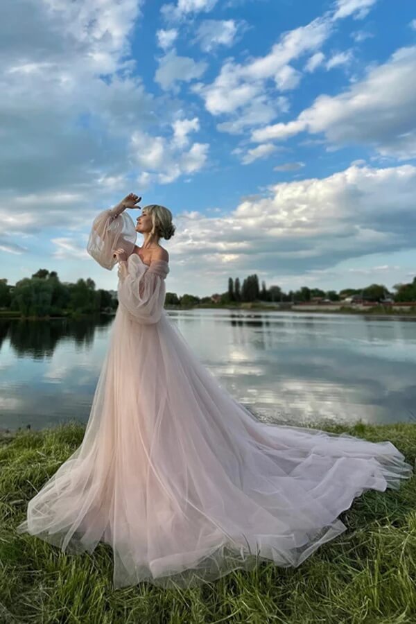 Pink A Line Princess Puff Sleeves Prom Dresses, MP1025 | Musebridals Pink A Line Princess Puff Sleeves Prom Dresses, MP1025 | Musebridals