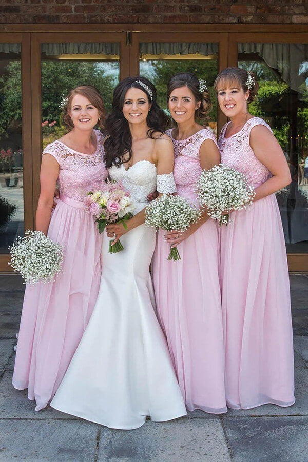 Pink Chiffon Lace Top A-line Scoop Neck Long Bridesmaid Dresses, MBD234