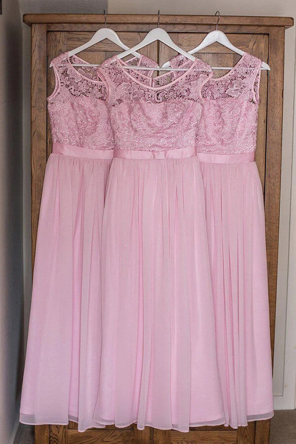 Pink Chiffon Lace Top A-line Bridesmaid Dresses, MBD234 | Musebridals Pink Chiffon Lace Top A-line Bridesmaid Dresses, MBD234 | Musebridals