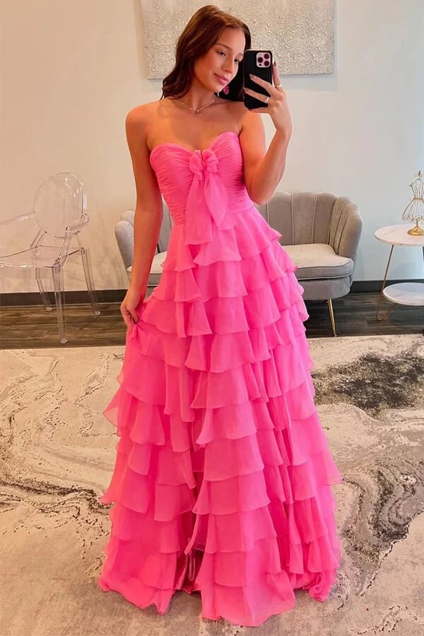 Pink Chiffon Tiered A-line Sweetheart Neck Prom Dresses With Bow, MP980 Pink Chiffon Tiered A-line Sweetheart Neck Prom Dresses With Bow, MP980