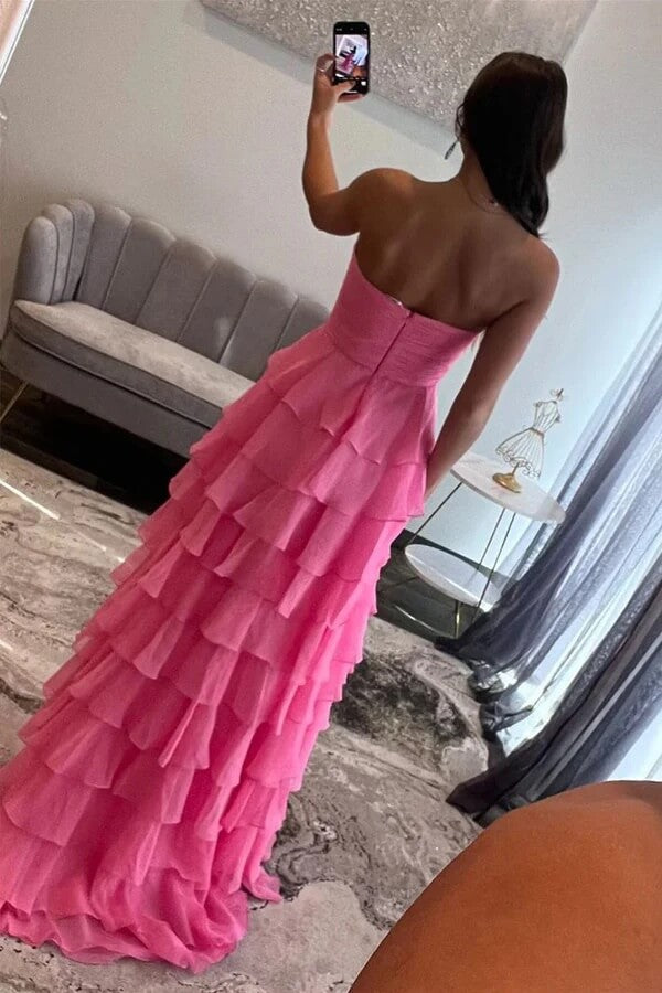 Pink Chiffon Tiered A-line Sweetheart Neck Prom Dresses With Bow, MP980 | backless prom dresses | party dress | evening dresses | musebridals.com
