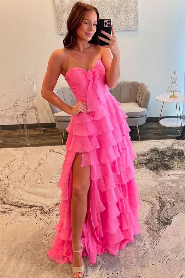 Pink Chiffon Tiered A-line Sweetheart Neck Prom Dresses With Bow, MP980 Pink Chiffon Tiered A-line Sweetheart Neck Prom Dresses With Bow, MP980