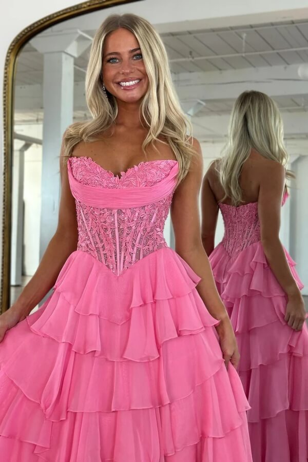 Pink Chiffon Strapless Sweetheart Prom Dress, MP1074