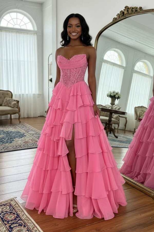 Pink Chiffon Tiered A Line Strapless Sweetheart Neck Prom Dresses With Slit, MP1074