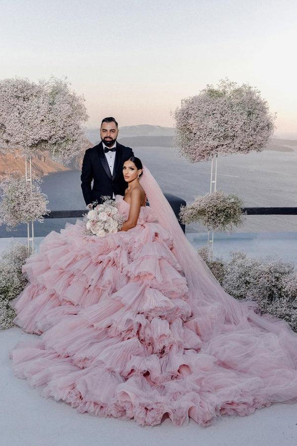 chinese dress ladies Pink Layers Tulle Ball Gown Straight Neck Wedding Dresses, Bridal Gowns,  MW939