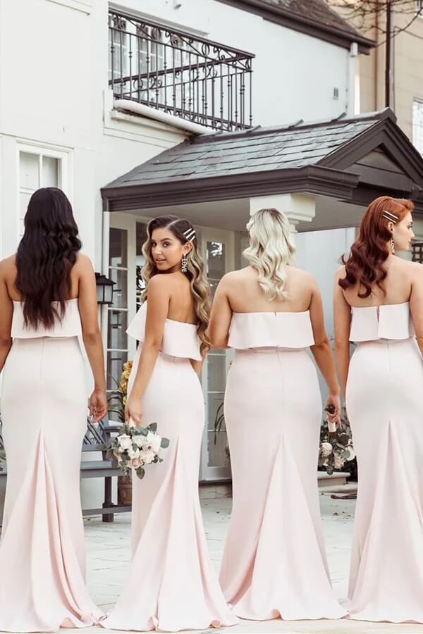blue dress for baby girl Pink Mermaid Satin Strapless Bridesmaid Dress MBD272
