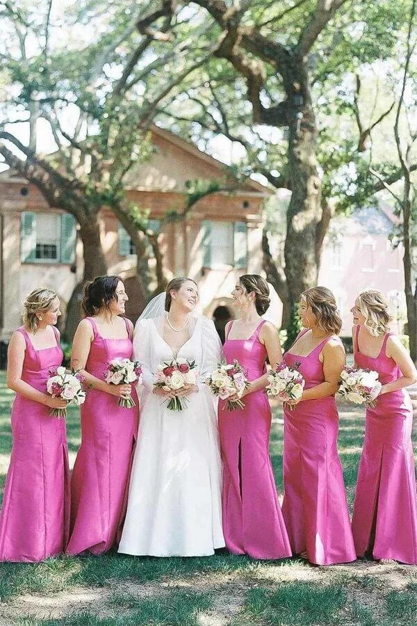 Pink Mermaid Spaghetti Strap Square Neck Bridesmaid Dresses With Bow, MBD287