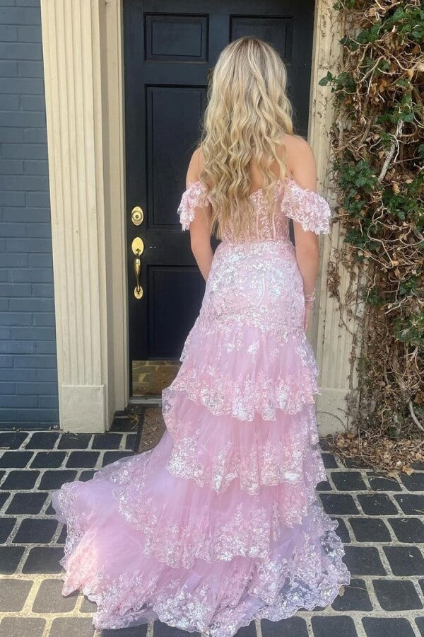 Tulle Off Shoulder Sequin Lace Prom Dresses, MP1098
