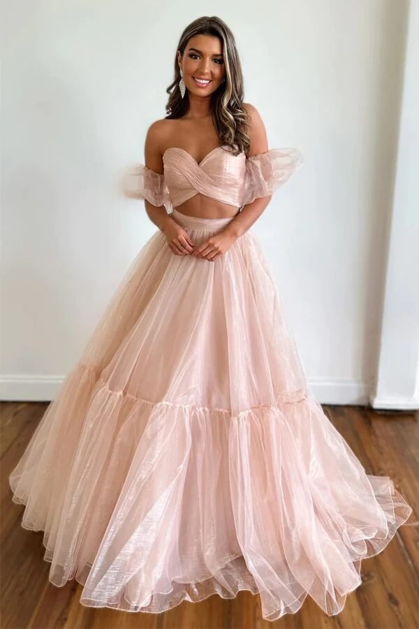 Pink Organza Two Piece Sweetheart Prom Dress With Detachable Sleeves, MP926 Pink Organza Two Piece Sweetheart Prom Dress With Detachable Sleeves, MP926
