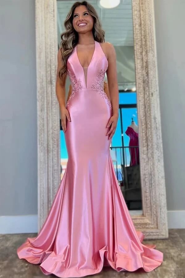 fitted lace wedding dress Mermaid Halter Lilac Long Prom Dress Backless Formal Dresses Evening D –  SELINADRESS main image 1