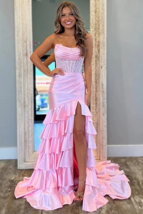 Pink Satin Scoop Pleated Mermaid Long Prom Dress, MP1005 | Musebridals Pink Satin Scoop Pleated Mermaid Long Prom Dress, MP1005 | Musebridals
