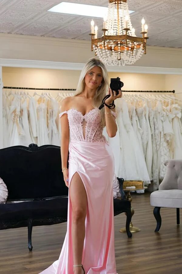 Pink Satin Mermaid Off-the-Shoulder Prom Dresses With Lace Appliques, MP967 Pink Satin Mermaid Off-the-Shoulder Prom Dresses With Lace Appliques, MP967