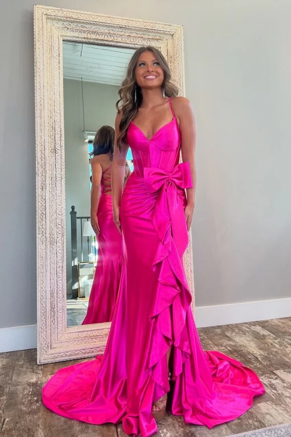 pink bow prom dress Neon Pink Strapless A-Line Prom Dress with Bow Modsele