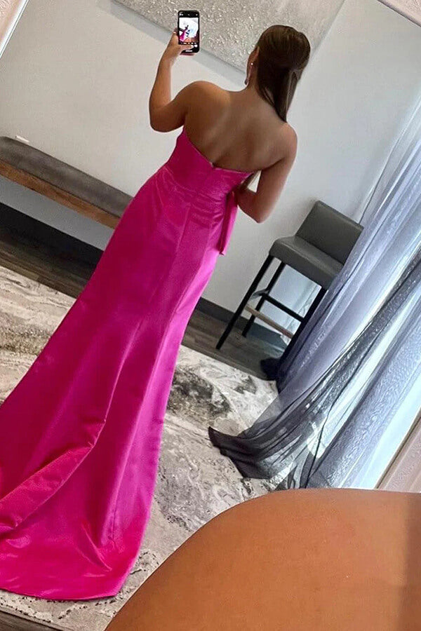 hot pink dress strapless Pink Satin Sheath Strapless Long Prom Dresses, MP930