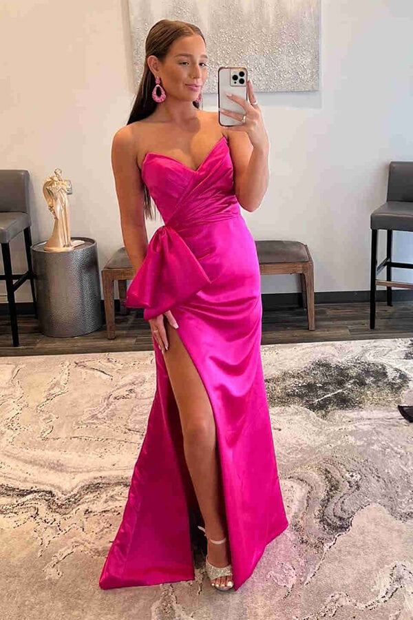 Pink Satin Sheath Strapless Floor Length Prom Dresses With Bowknot, MP930 | cheap prom dress | long formal dress | simple prom dress | musebridals.com