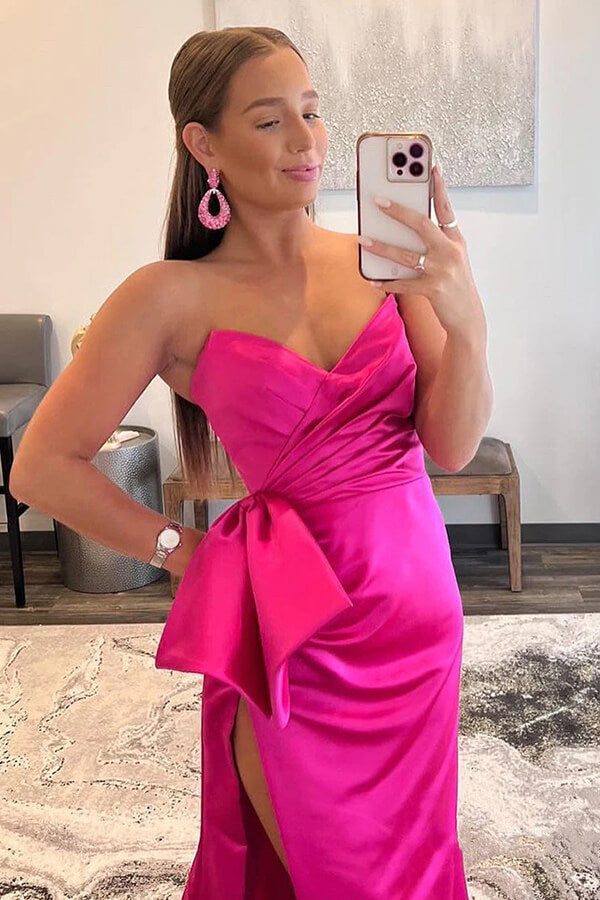 Pink Satin Sheath Strapless Floor Length Prom Dresses With Bowknot, MP930 | pink prom dress | evening dress | prom dress for teens | musebridals.com