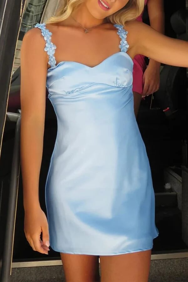 Pink Satin Sheath V Neck Short Homecoming Dresses With Flower Straps, MH673 | blue homecoming dress | graduation dress | homecoming dress near me | musebridals.com