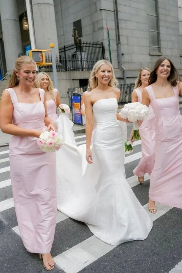 Pink Satin Sheath Wide Straps Square Neck Long Bridesmaid Dresses, MBD326