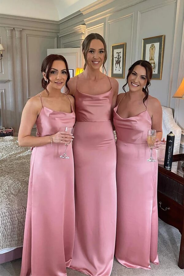 Pink Silk Satin Floor Length Bridesmaid Dresses Wedding Party Dresses MBD209