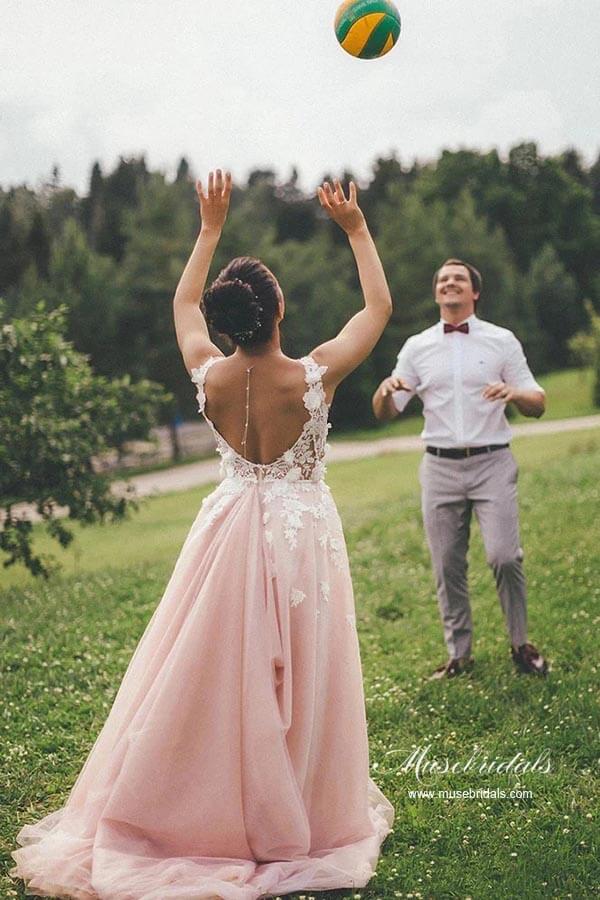 princess polly baby blue dress Pink Tulle A-line Lace Appliques Wedding Dress, MW944