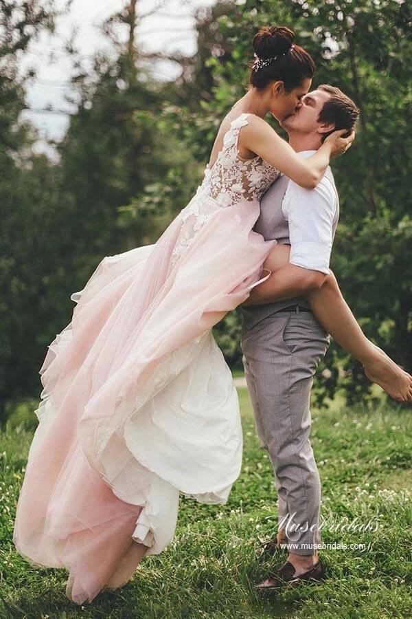 Pink Tulle A-line Backless Wedding Dress With Lace Appliques, Bridal Gown, MW944 Pink Tulle A-line Backless Wedding Dress With Lace Appliques, Bridal Gown, MW944