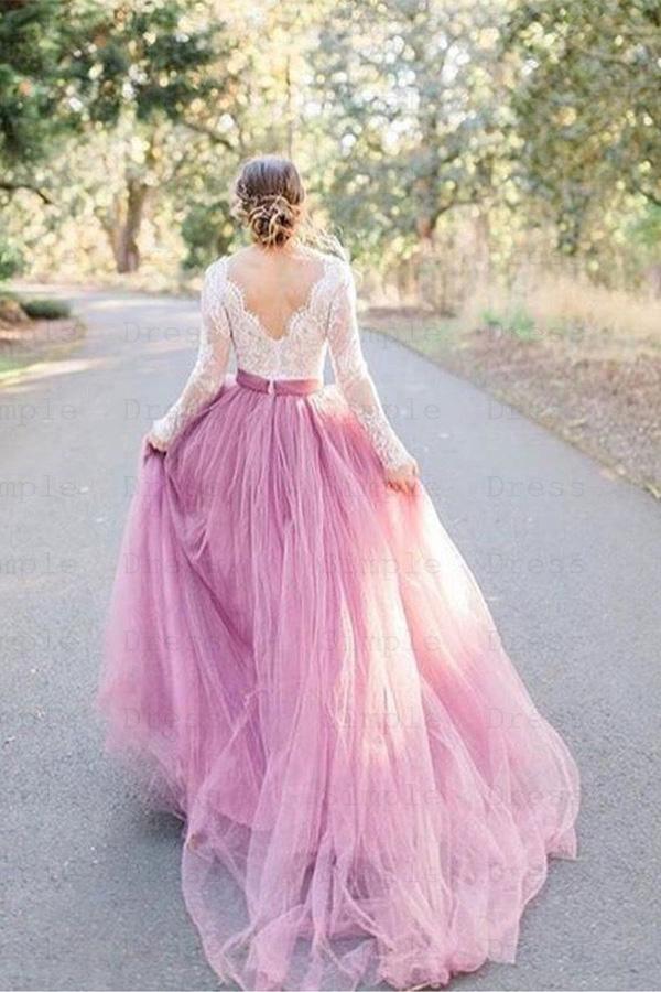 Pink Tulle A-line Long Sleeves Lace Top Vintage Wedding Dresses, MW919 Pink Tulle A-line Long Sleeves Lace Top Vintage Wedding Dresses, MW919