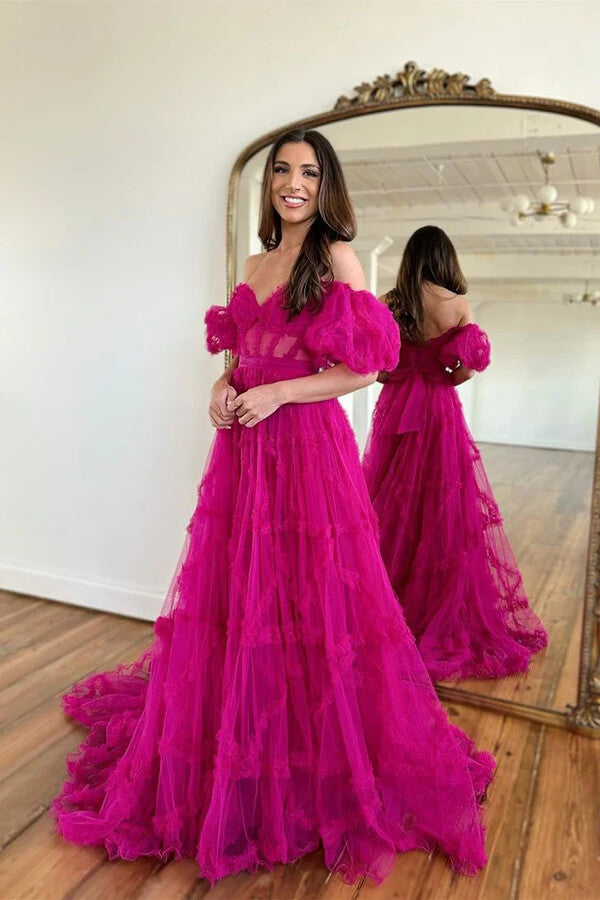 Tulle A-line Off Shoulder Sheer Corset Prom Dress, MP927