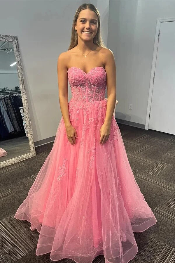 Pink Tulle A-line Strapless Sequined Prom Dresses, MP985 | Musebridals Pink Tulle A-line Strapless Sequined Prom Dresses, MP985 | Musebridals
