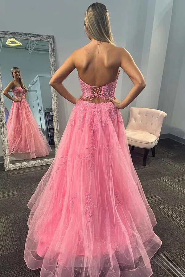 Pink Tulle A-line Strapless Sequined Prom Dresses, MP985 | Musebridals Pink Tulle A-line Strapless Sequined Prom Dresses, MP985 | Musebridals