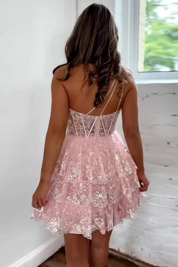 Pink Tulle One Shoulder Lace Homecoming Dresses, MH646