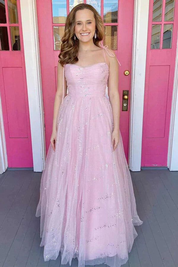 open lace back dress Pink Tulle Sweetheart Neck Long Prom Dresses MP828