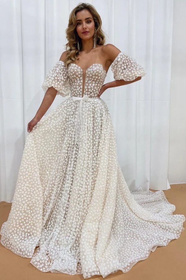Luxury Polka Dot Wedding Dress with 3D Beaded Flowers – Shimmering Bridal Gown main image 0