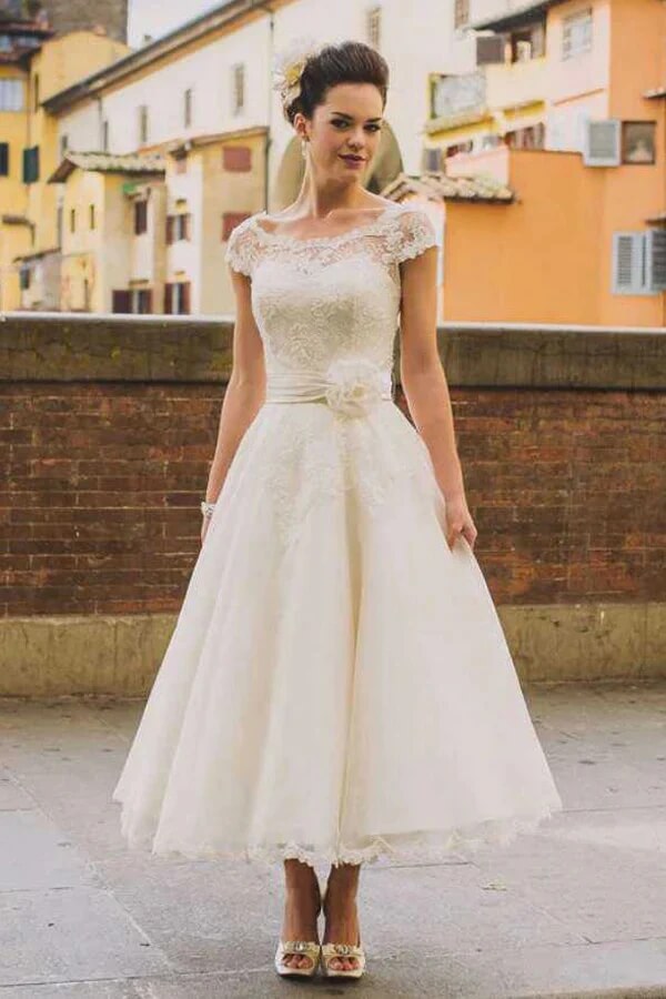 Princess Tulle A-line Cap Sleeves Tea Length Lace Wedding Dresses, MW951 Princess Tulle A-line Cap Sleeves Tea Length Lace Wedding Dresses, MW951