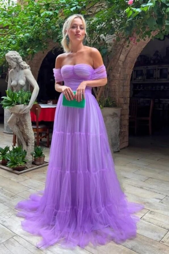 fitted lace wedding dress Purple A-line Off Shoulder Long Prom Dresses, MP968