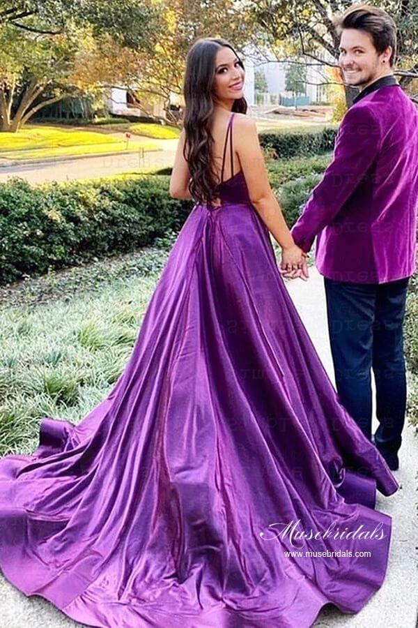 Purple Satin A-line Backless Long Prom Dresses With Slit, Evening Dress, MP910 Purple Satin A-line Backless Long Prom Dresses With Slit, Evening Dress, MP910
