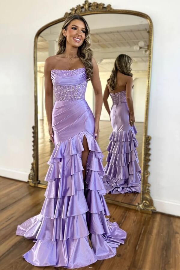 Purple Satin Beaded Mermaid Lace Prom Dresses, MP1015