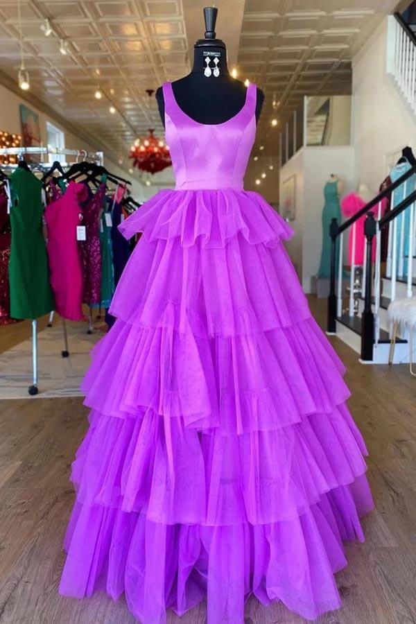 open lace back dress Purple Tired Tulle A-line Backless Prom Dresses, MP872