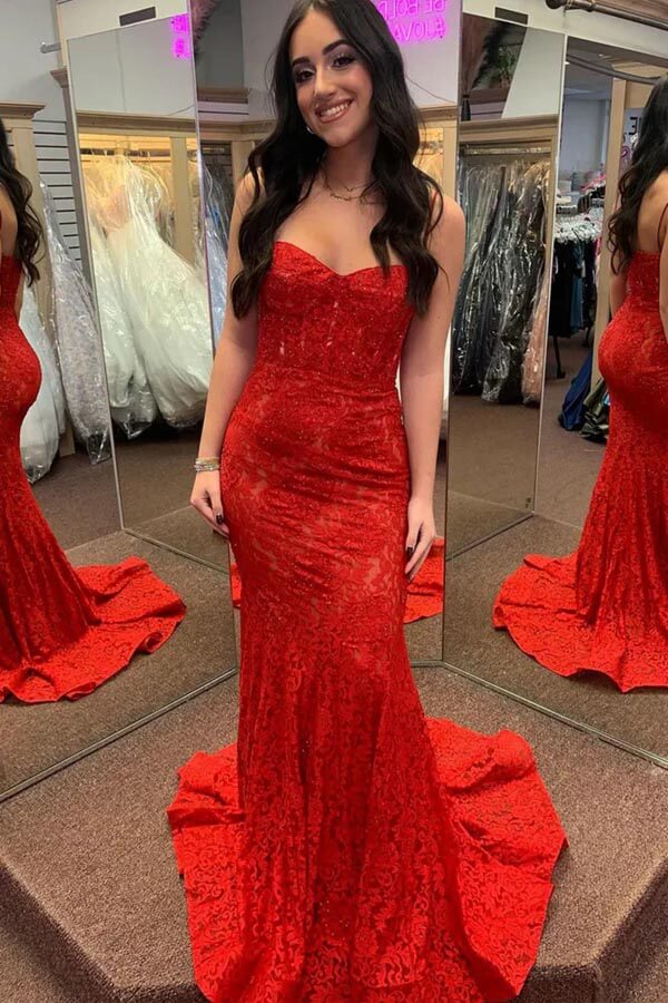 Red Lace Mermaid Sweetheart Spaghetti Straps Long Prom Dresses, MP1016 Red Lace Mermaid Sweetheart Spaghetti Straps Long Prom Dresses, MP1016